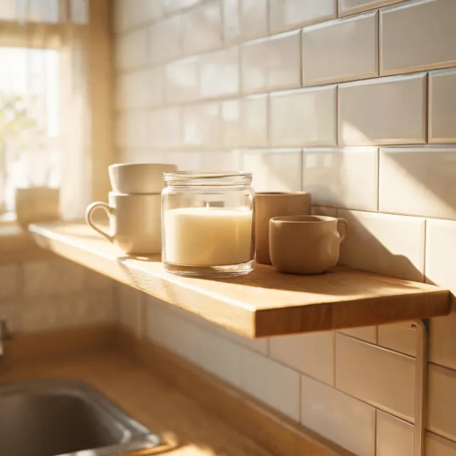 Candle on kitchen shelf