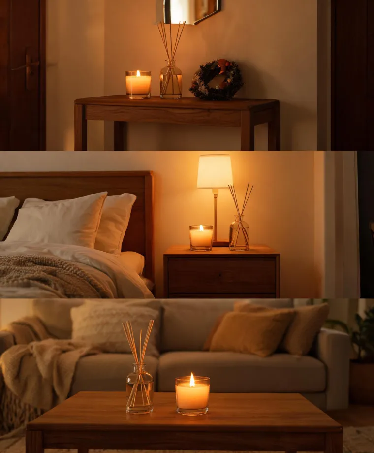 Candles and diffusers styled across entry, bedroom, and living room vignettes