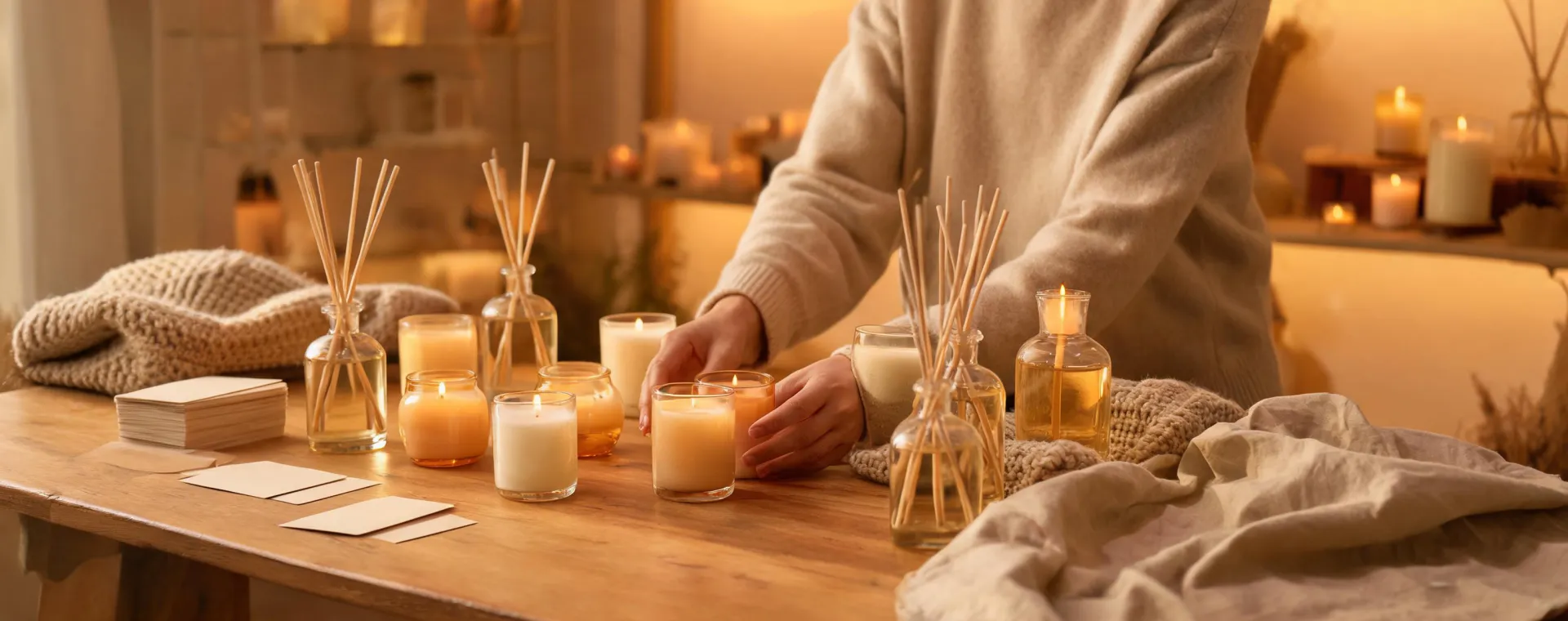 Scent advisor arranging candles and reed diffusers for a home fragrance plan